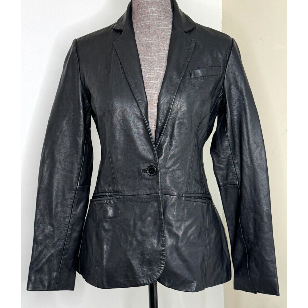 Women's Black Leather Single-Button Blazer